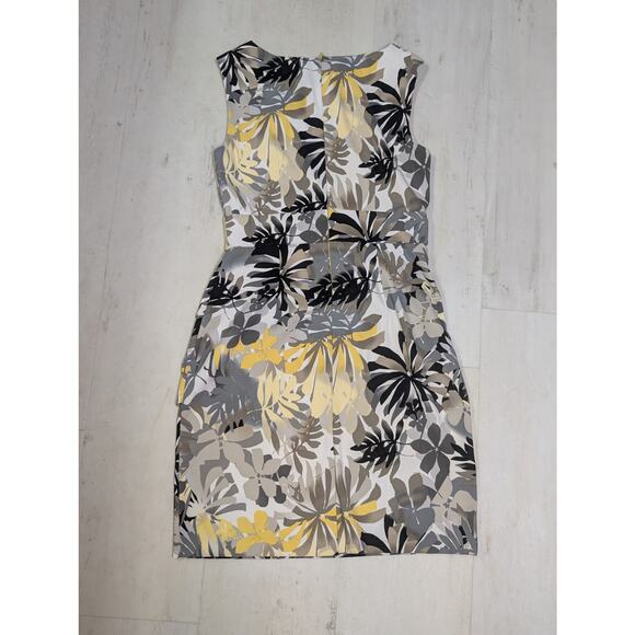 Asymmetric Draped Panel Sheath Dress 8 Tropical Floral Yellow Gray Black Office - Picture 8 of 10